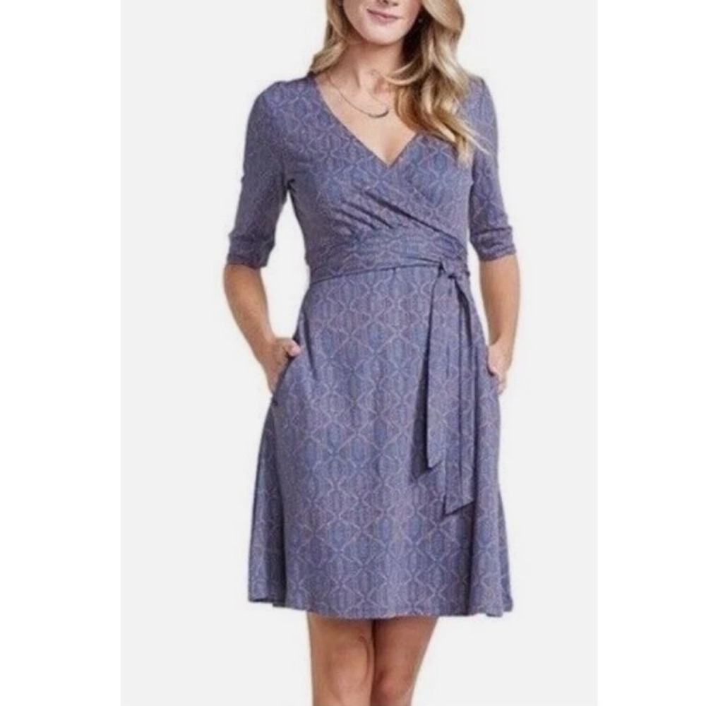Toad&Co Organic Cotton Cue Wrap Cafe Dress Blue Orange Geometric Samba Active-M
